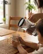 A person carrying a black serving tray with a modern smoke-grey glass water pitcher and six matching mugs with amber handles, filled with ice water in a bright, minimalist living room.