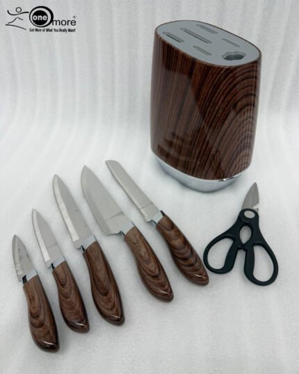 A 6-piece kitchen knife set featuring stainless steel blades with dark wood-grain patterned handles and a matching oval storage block on a granite countertop.