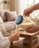 A 7-piece amber-tinted glass water set featuring a tall pitcher with a navy blue lid and six matching mugs arranged on a wooden table and a serving tray in a sunlit living room.
