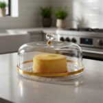 A clear acrylic cake dome with a gold-rimmed textured base and a crystal-style knob, showcasing a yellow sponge cake on a white marble kitchen counter.