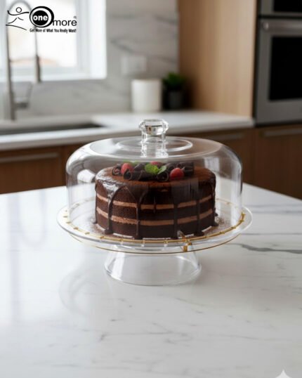 A versatile 2-in-1 clear acrylic serving set shown in two views: one as a divided platter filled with dates, raisins, and walnuts under a dome lid, and the other as a pedestal stand holding a layered chocolate cake on a marble kitchen counter.