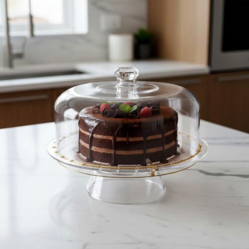 A versatile 2-in-1 clear acrylic serving set shown in two views: one as a divided platter filled with dates, raisins, and walnuts under a dome lid, and the other as a pedestal stand holding a layered chocolate cake on a marble kitchen counter.