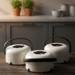 Three-piece insulated stainless steel hotpot set in 2L, 2.5L, and 3.5L capacities, featuring sleek designs in four different color options for food storage and serving.