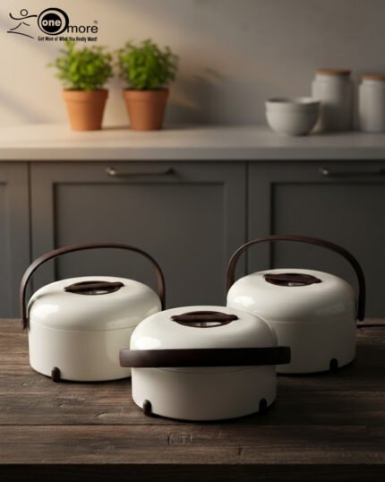 Three-piece insulated stainless steel hotpot set in 2L, 2.5L, and 3.5L capacities, featuring sleek designs in four different color options for food storage and serving.