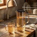 A high-quality amber-tinted glass water set featuring a tall cylindrical pitcher with a black lid and six matching glass mugs with handles, arranged on a rustic wooden table with soft natural lighting.