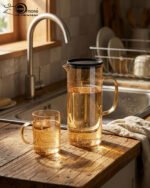 A high-quality amber-tinted glass water set featuring a tall cylindrical pitcher with a black lid and six matching glass mugs with handles, arranged on a rustic wooden table with soft natural lighting.