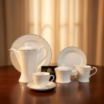 Luxury 24-piece white porcelain tea set with a grey marble border and silver floral filigree accents, featuring a teapot, sugar bowl, and matching plates.