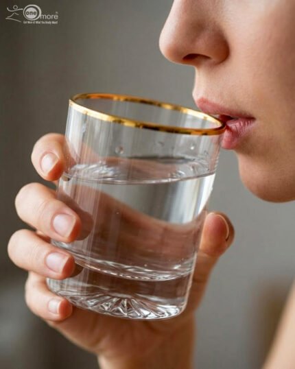 A close-up of a person drinking from a clear crystal glass with a gold-trimmed rim, alongside a studio shot of the glass showcasing a textured swirl pattern on the base.