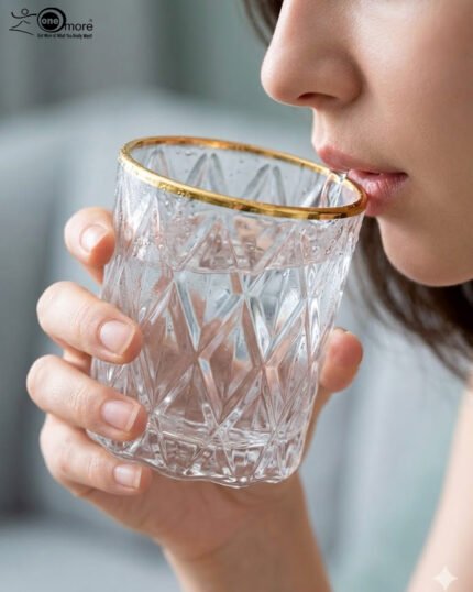 Close-up of a person drinking from an RCR-inspired crystal water glass featuring a textured diamond-cut pattern and a luxurious golden rim.
