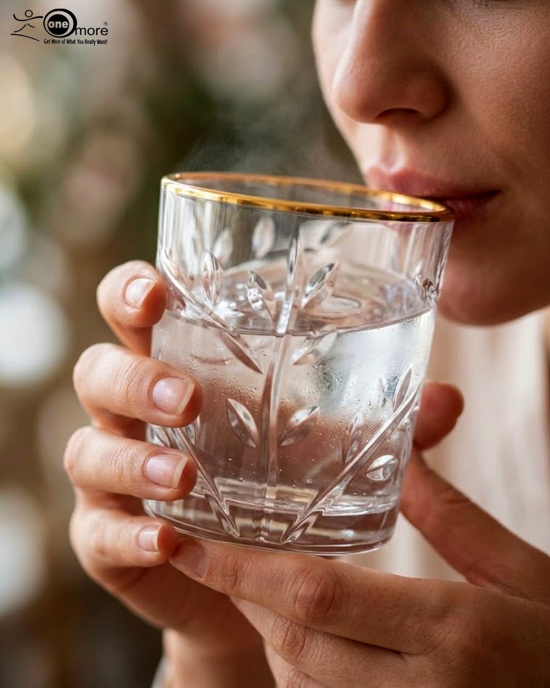 2 Close-up of a person drinking from an elegant crystal water glass featuring an embossed leaf pattern and a polished gold rim, highlighting the clarity and luxury design.