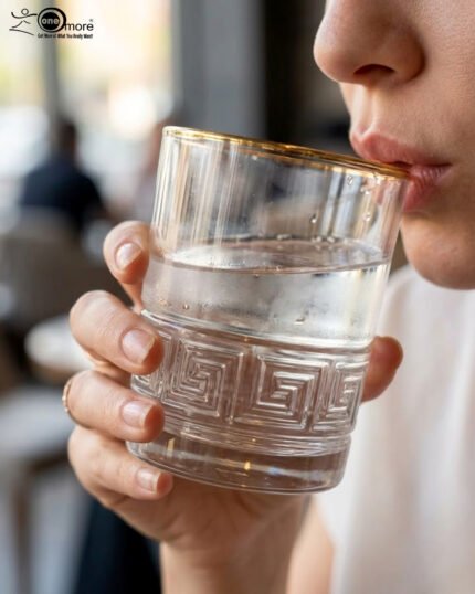Close-up of a person drinking from a Versace-inspired crystal glass featuring an embossed Greek Key pattern and a luxury golden rim.