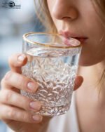 A close-up of a person holding a clear crystal water glass with a textured diamond pattern and a thin golden rim, showcasing the elegant light refraction through the water.