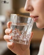 A close-up of a premium RCR-inspired crystal whiskey glass with a textured ice-like geometric base and a thin golden outline on the rim, being used to drink water.