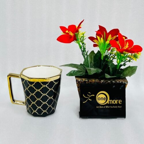Modern ceramic coffee mug with gold handle and geometric trellis pattern, available in black, green, red, white, and yellow.