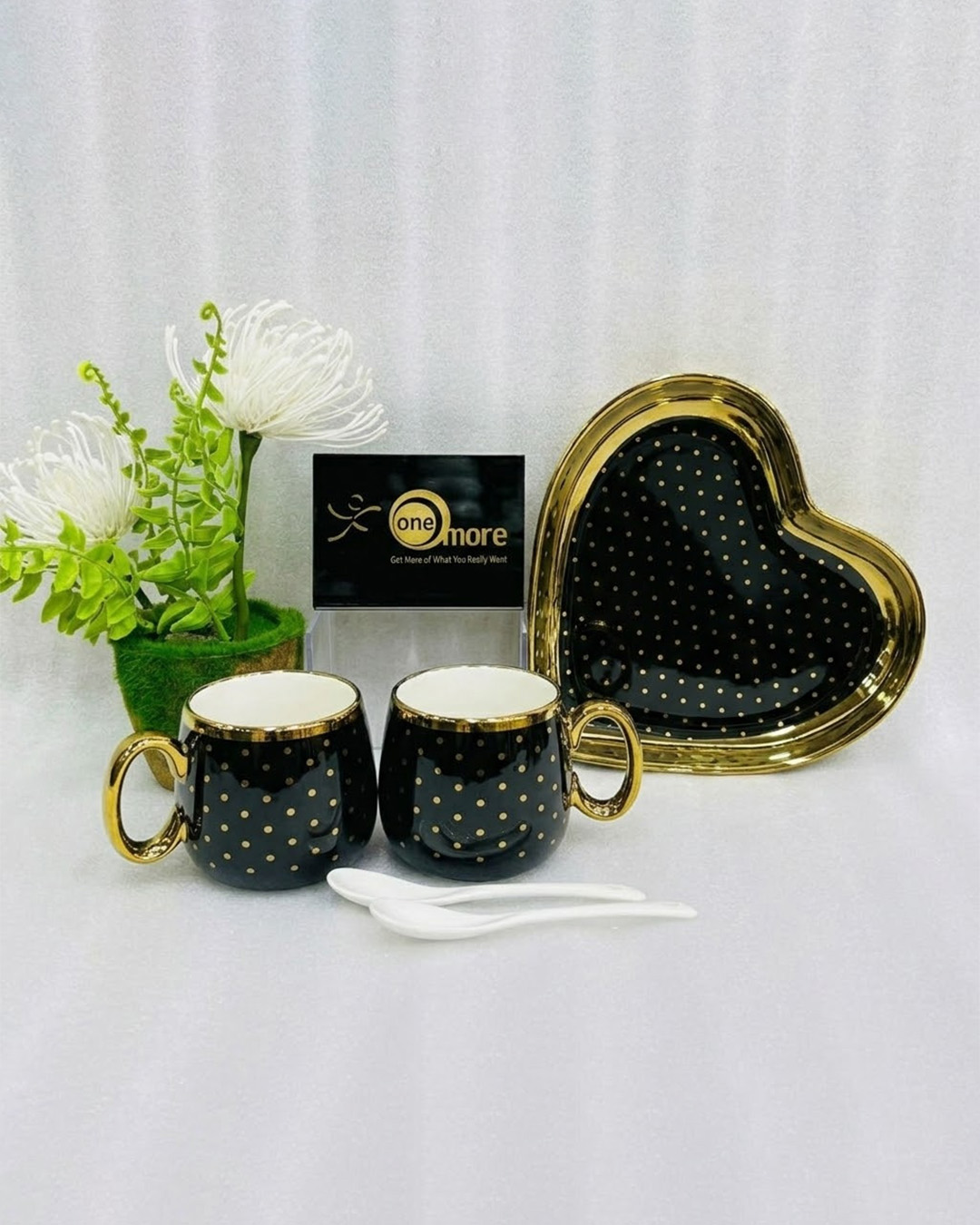 Black Polka Dot Heart Ceramic Couple Mug & Tray Set - Image 1