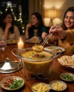 A 4-liter Paramount Series food warmer featuring a clear glass bowl, stainless steel stand, and lid, shown on a dining table with guests and filled with warm lentil soup.