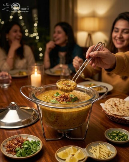 A 4-liter Paramount Series food warmer featuring a clear glass bowl, stainless steel stand, and lid, shown on a dining table with guests and filled with warm lentil soup.