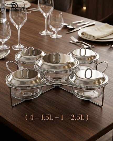 Paramount Series 5-in-1 buffet food warmer featuring one large 2.5L central glass bowl and four 1.5L side glass bowls with stainless steel lids, supported by a chrome metal stand with integrated buffet burners for tea lights.