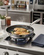 A set of three UAKEEN premium tri-ply stainless steel fry pans with laser-etched honeycomb non-stick interiors, shown in 24cm, 26cm, and 28cm sizes on a marble countertop with an induction-compatible base.