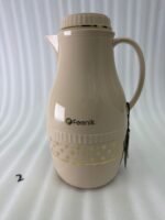 A trio of elegant 2-liter Feenik thermal flasks in cream, grey, and taupe featuring gold floral patterns on a marble kitchen countertop.