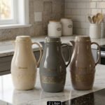 A trio of elegant 2-liter Feenik thermal flasks in cream, grey, and taupe featuring gold floral patterns on a marble kitchen countertop.