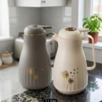 Two 1-liter insulated thermal flasks in Earth Grey and Creamy Beige, featuring golden dandelion designs and ergonomic handles, displayed on a kitchen countertop.