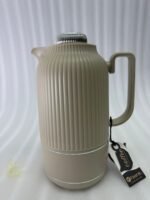A collection of three 1-liter Feenik thermal flasks featuring a vertical ribbed design in beige, gray, and taupe on a white marble countertop.