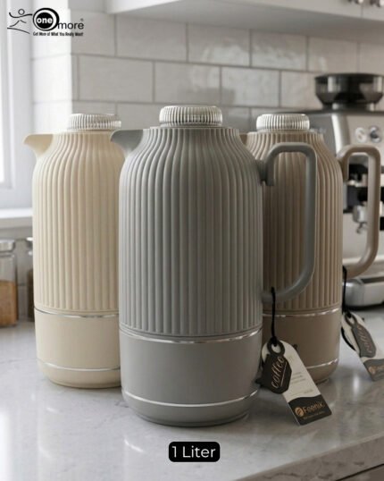 A collection of three 1-liter Feenik thermal flasks featuring a vertical ribbed design in beige, gray, and taupe on a white marble countertop.