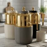 Three luxury 1-liter thermal flasks in white, grey, and black with polished gold tops and ribbed textured bases on a marble kitchen counter.