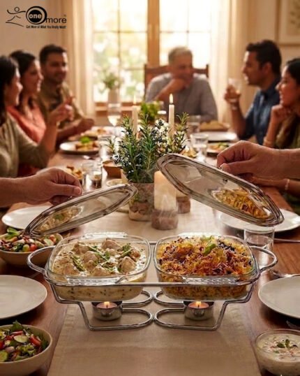 A Paramount Series double stainless steel food warmer on a dining table, featuring two 1.5L glass dishes with lids being lifted to reveal steaming food, supported by a chrome frame with two lit buffet burners underneath.