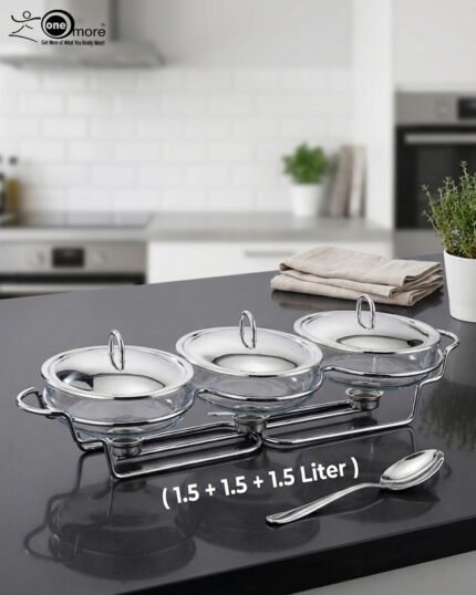 Three-section stainless steel food warmer from the Paramount Series featuring three 1.5L glass bowls with metal lids on a silver wire rack with tea light candle burners underneath.