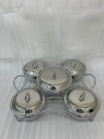 Paramount Series 5-in-1 buffet food warmer featuring one large 2.5L central glass bowl and four 1.5L side glass bowls with stainless steel lids, supported by a chrome metal stand with integrated buffet burners for tea lights.