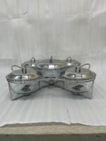 Paramount Series 5-in-1 buffet food warmer featuring one large 2.5L central glass bowl and four 1.5L side glass bowls with stainless steel lids, supported by a chrome metal stand with integrated buffet burners for tea lights.