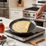 A professional-grade laser-etched non-stick stainless steel crepe pan with a textured honeycomb surface and ergonomic silver handle, shown on a kitchen counter and an induction cooktop.