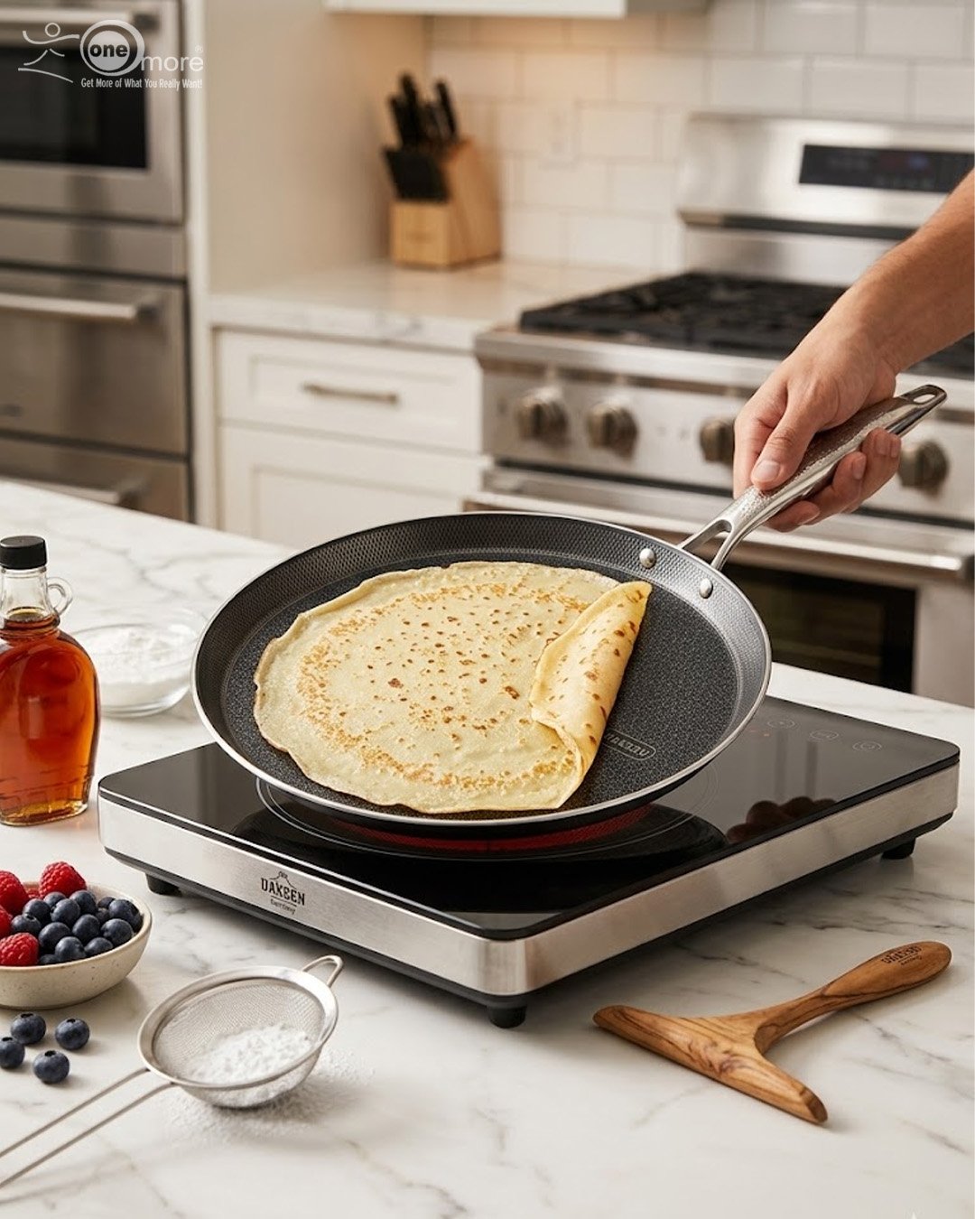 2 A professional-grade laser-etched non-stick stainless steel crepe pan with a textured honeycomb surface and ergonomic silver handle, shown on a kitchen counter and an induction cooktop.