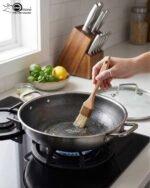 High-angle shot of two Uakeen stainless steel non-stick woks in 30cm and 32cm sizes on a wooden countertop, showing the laser-etched hexagonal interior and tempered glass lids.