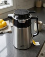 A 1-liter stainless steel vacuum thermal flask with a black insulated lid and ergonomic handle, placed on a kitchen countertop next to lemons and a coffee mug.