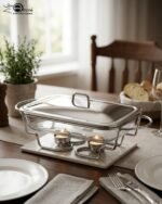 Three elegant Paramount Series food warmers in different sizes (1.5L, 2.4L, and 3L) featuring stainless steel lids and glass dishes with candle-lit buffet burners on a dining table.