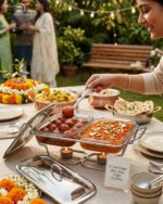 A Paramount Series 2-in-1 stainless steel food warmer with two 1.5-liter glass serving dishes and dual buffet burners, displayed on a marble kitchen countertop.
