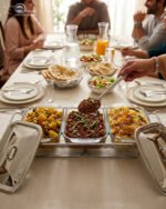 A professional Paramount Series 3-in-1 stainless steel food warmer with three 1.5L glass containers and polished metal lids, displayed on a kitchen counter and a dining table with various dishes.