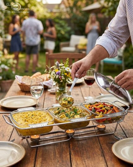 A Paramount Series 3-in-1 buffet food warmer featuring three square glass serving dishes with stainless steel lids on a chrome wire rack, displayed on a kitchen counter and an outdoor dining table with tea light candles lit underneath.