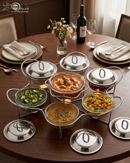 Paramount Series 7-in-1 buffet food warmer set featuring seven clear glass bowls with polished stainless steel lids and a silver metal stand with buffet burners on a decorated dining table.