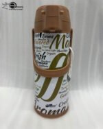 A 1.9-liter Day Days thermal airpot with a brown pump lid and a white body featuring coffee-themed typography, sitting on a marble kitchen countertop.