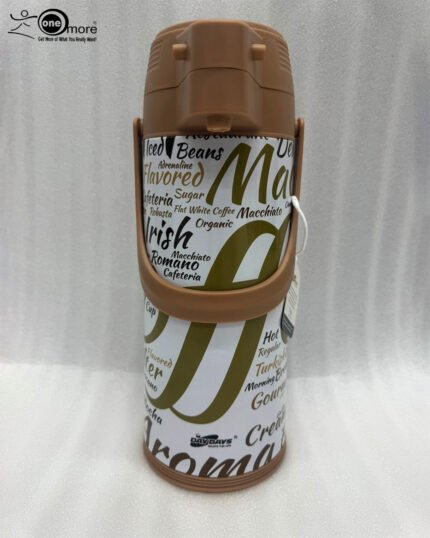 A 1.9-liter Day Days thermal airpot with a brown pump lid and a white body featuring coffee-themed typography, sitting on a marble kitchen countertop.