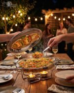 Three Paramount Series glass and stainless steel food warmers in 1.5L, 2L, and 3L sizes arranged on a dining table with tea light candles lit underneath.