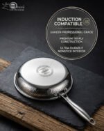 A set of three UAKEEN premium tri-ply stainless steel fry pans with laser-etched honeycomb non-stick interiors, shown in 24cm, 26cm, and 28cm sizes on a marble countertop with an induction-compatible base.