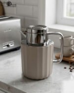 Three 1-liter Nordic-style thermal flasks in Slate Blue, Sand Beige, and Soft Rose colors with fluted textures and metallic lids displayed on a kitchen counter.