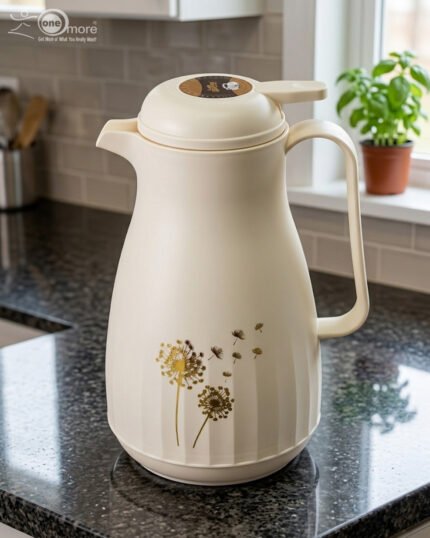Two 1-liter insulated thermal flasks in Earth Grey and Creamy Beige, featuring golden dandelion designs and ergonomic handles, displayed on a kitchen countertop.