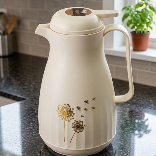 Two 1-liter insulated thermal flasks in Earth Grey and Creamy Beige, featuring golden dandelion designs and ergonomic handles, displayed on a kitchen countertop.