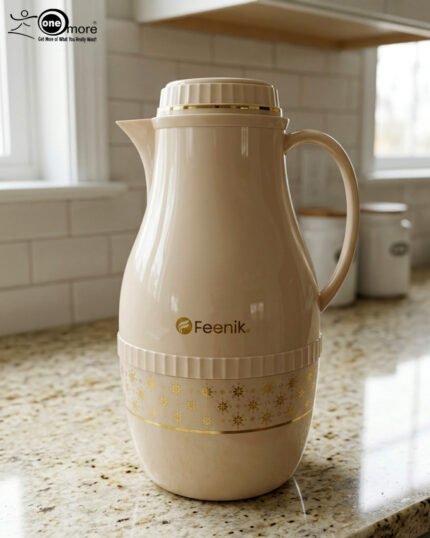 A trio of elegant 2-liter Feenik thermal flasks in cream, grey, and taupe featuring gold floral patterns on a marble kitchen countertop.